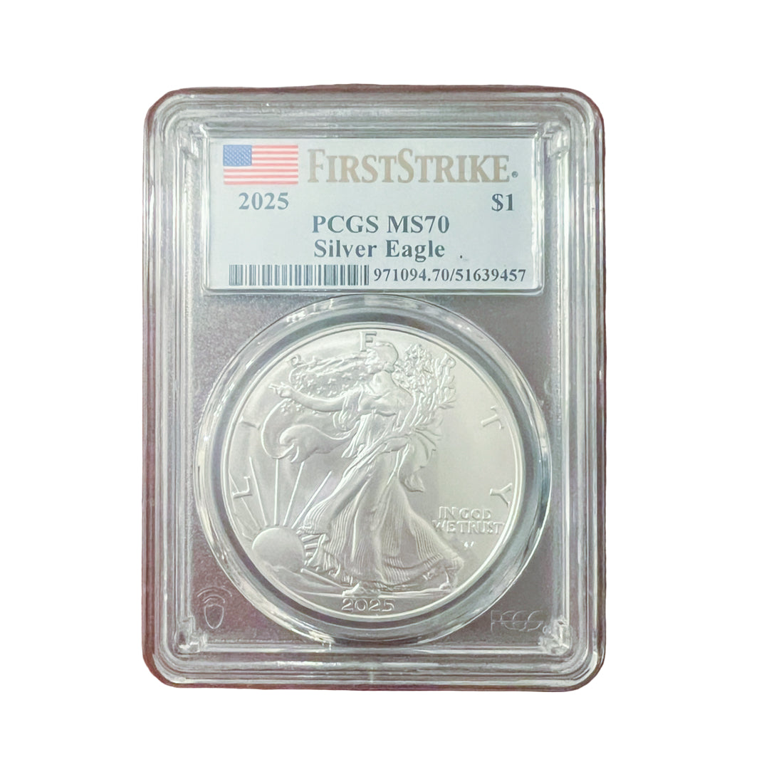 Silver Eagle coin in a protective case on a wooden surface