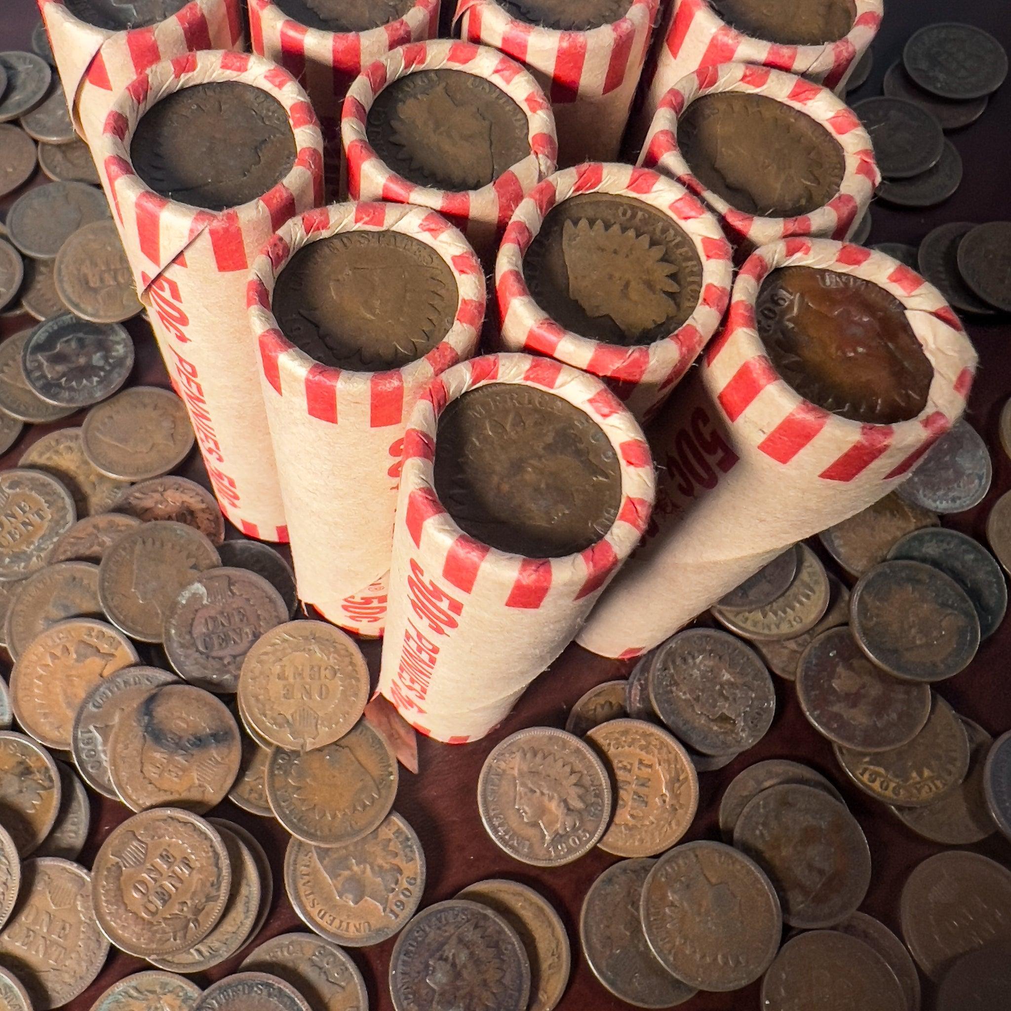 Wheat & Indian Head Penny Roll Lot - 50 Coins From 1800s-1900s (PDS Mints, Steel Cents Included) - Circulated, Uncertified