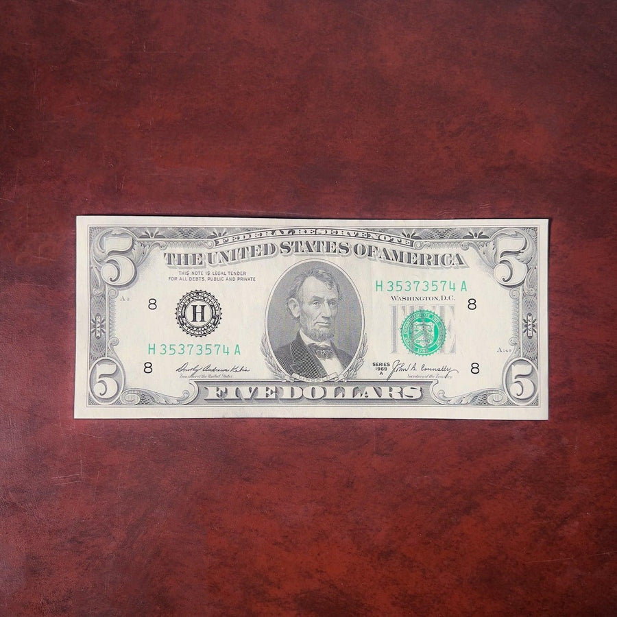 1969-A $5 Federal Reserve Note (AU) - Midwest Precious Metals